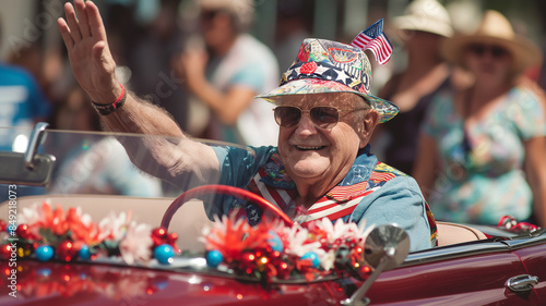 Grandpa Waving from Convertible Car in 4th of July Parade