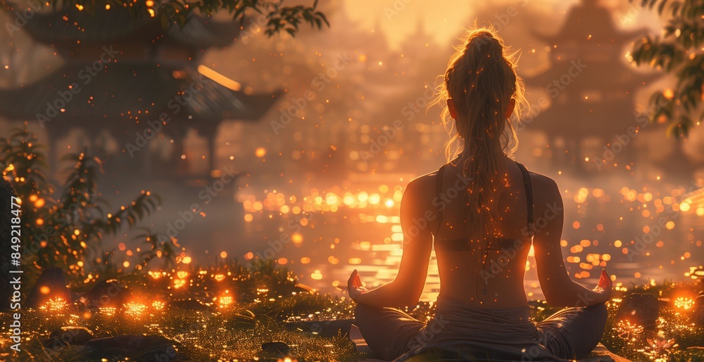 Woman Meditating in a Tranquil Garden at Sunset Woman Meditating in a Tranquil Garden at Sunset