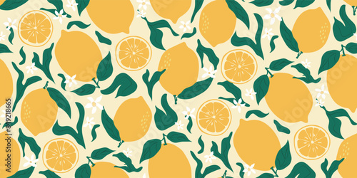 Citrus fruits for fabric prints. Seamless pattern of cute lemons and leaves in retro groovy aesthetic style. Vector illustration.