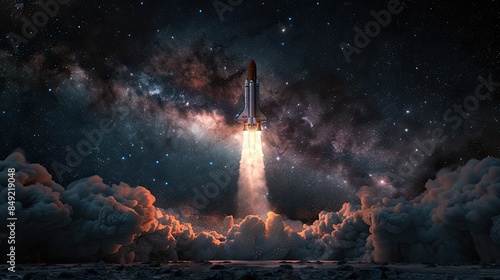 A space rocket launch illuminates the dark blue sky with smoke and stars in the background, capturing the awe-inspiring moment of exploration and discovery. photo