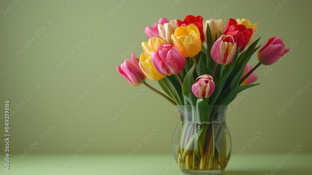A bouquet of colorful tulips in a vase on a light green background. A bouquet of colorful tulips in a vase on a light green background.