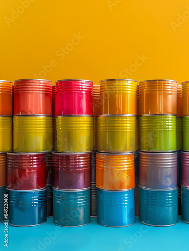 Stacked colorful paint cans against a yellow background.