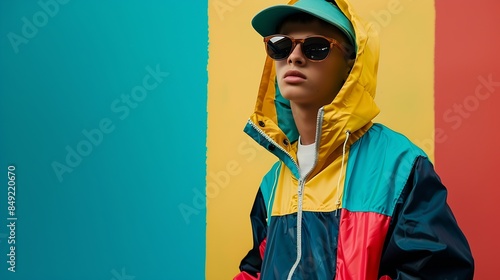Young boy wearing colorful retroinspired windbreaker paired with sleek sunglasses and yellow panama Urban sport fashion Concept of 90s fashion youth culture oldstyle trends : Generative AI photo
