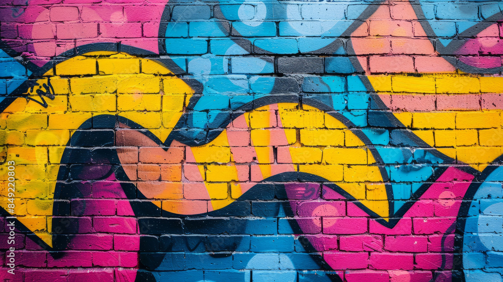 Colorful graffiti on a brick wall with abstract designs. Colorful graffiti on a brick wall with abstract designs.