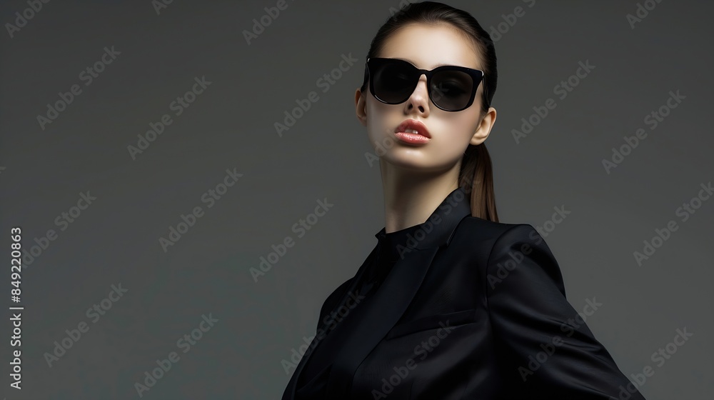 A fashionable woman in sunglasses confidently poses in a sleek black suit against a grey studio backdrop : Generative AI A fashionable woman in sunglasses confidently poses in a sleek black suit against a grey studio backdrop : Generative AI