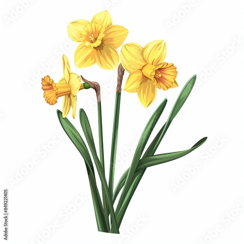 A beautiful illustration of three vibrant yellow daffodils in full bloom with green stems and leaves on a white background.