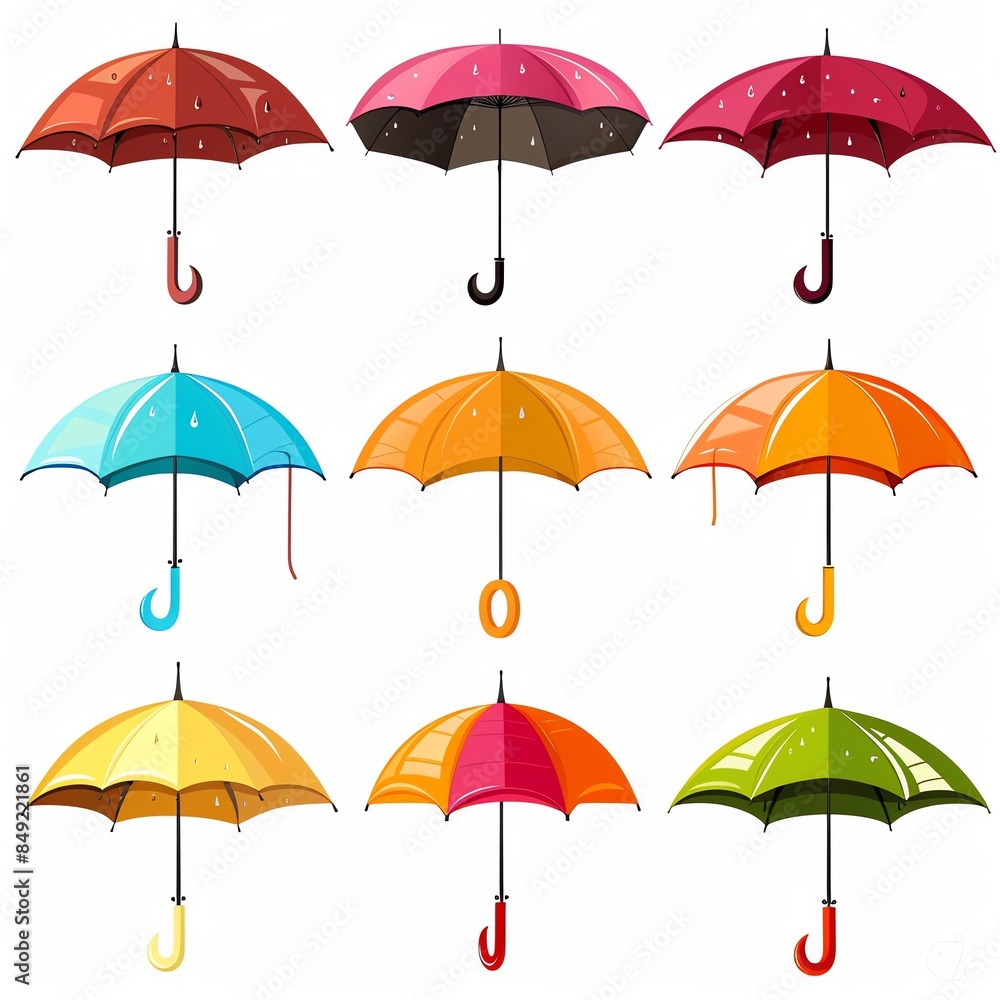 Colorful set of nine open umbrellas in various hues arranged in a grid pattern. Bright and vibrant weather protection concept. Colorful set of nine open umbrellas in various hues arranged in a grid pattern. Bright and vibrant weather protection concept.