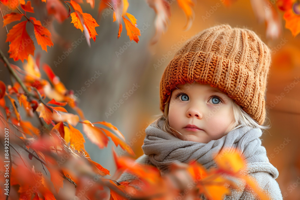 Adorable Child in Knitted Hat and Scarf Among Autumn Leaves. Adorable Child in Knitted Hat and Scarf Among Autumn Leaves.