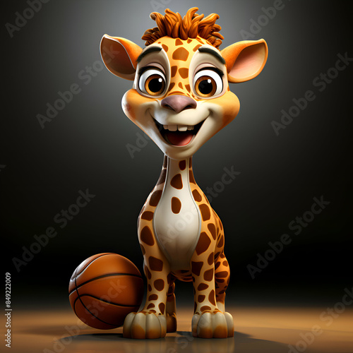 3d rendered  of giraffe cartoon character with basketball ball.
