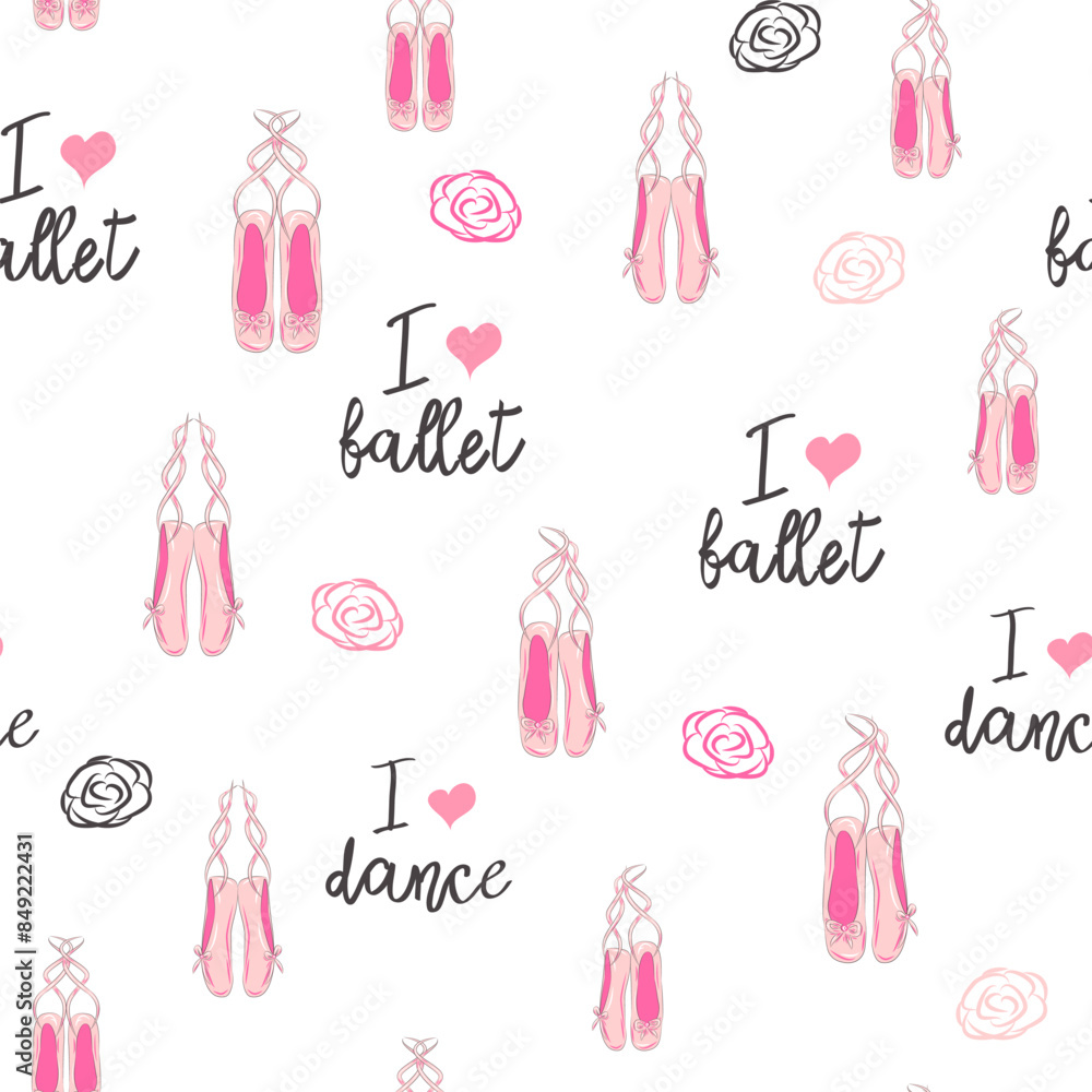 Seamless pattern with ballet pointe shoes and additional elements, imitation of a sketch, watercolors. Ballet school promo background Seamless pattern with ballet pointe shoes and additional elements, imitation of a sketch, watercolors. Ballet school promo background