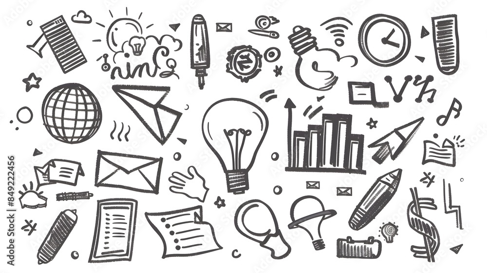 Doodle Business Icons With Copy Space On White Background For Creative Concepts Doodle Business Icons With Copy Space On White Background For Creative Concepts