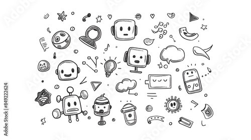 Whimsical Doodle Sketch of Chatbot Icons with Symbols on White Background