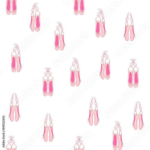Seamless pattern with ballet pointe shoes and additional elements, imitation of a sketch, watercolors. Ballet school promo background