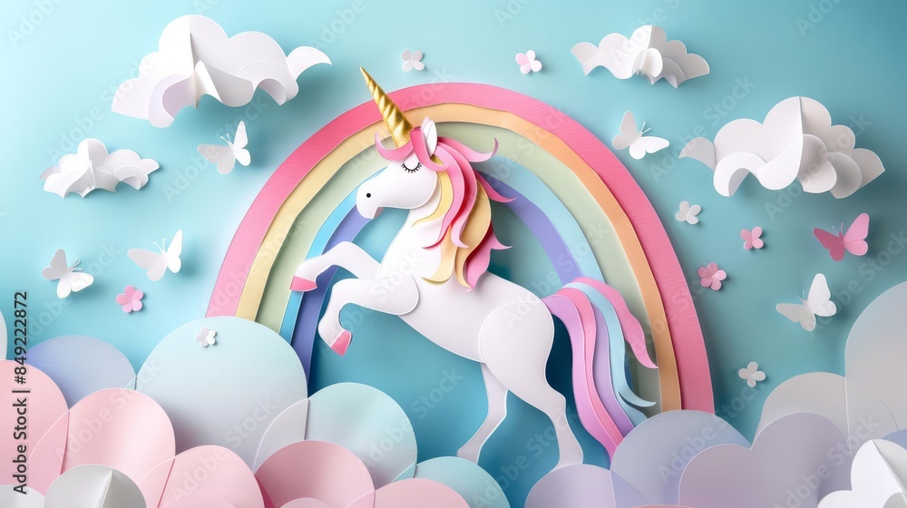 Obraz premium Whimsical paper art piece featuring a unicorn and a rainbow, crafted to celebrate the LGBTQ spirit during Pride Month
