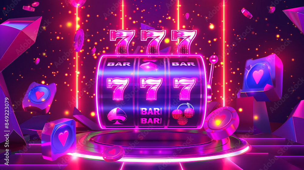 Colorful slot machine showing a winning combination of 777 with bars on a vibrant background. Colorful slot machine showing a winning combination of 777 with bars on a vibrant background.