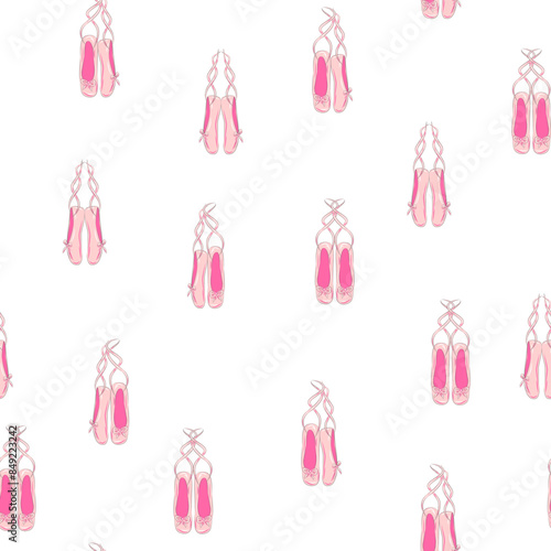 Seamless pattern with ballet pointe shoes and additional elements, imitation of a sketch, watercolors. Ballet school promo background