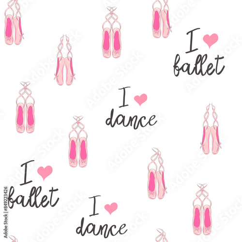 Seamless pattern with ballet pointe shoes and additional elements, imitation of a sketch, watercolors. Ballet school promo background