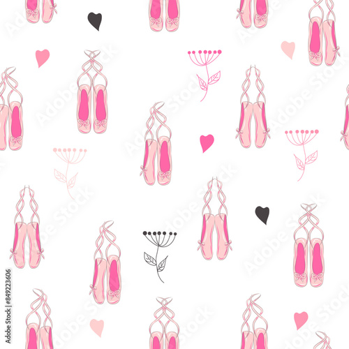 Seamless pattern with ballet pointe shoes and additional elements, imitation of a sketch, watercolors. Ballet school promo background