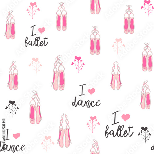 Seamless pattern with ballet pointe shoes and additional elements, imitation of a sketch, watercolors. Ballet school promo background