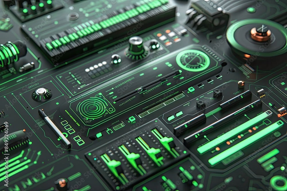 Fototapeta premium Futuristic control panel with glowing green elements, featuring various buttons, dials, and switches in a high-tech interface.