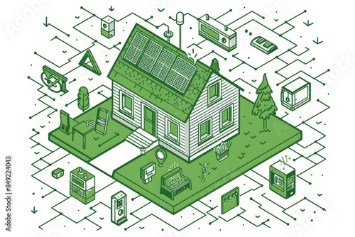 Green energy smart home concept illustration with interconnected devices and solar panels showcasing modern technology and sustainability. © AI Farm