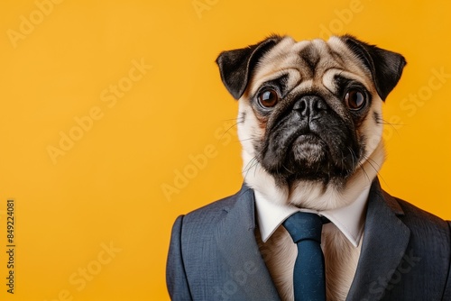 A studio close-up portrait photo of a cute pug dog wearing a suit, against a background of pastel shades. Office-working concept. © Mark G