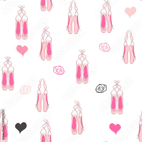 Seamless pattern with ballet pointe shoes and additional elements, imitation of a sketch, watercolors. Ballet school promo background
