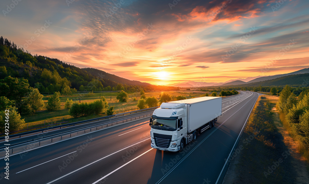 Cargo transportation, logistics concept. Truck driving on the highway . Loaded truck on the highway in a beautiful sunset light. Transport and cargo Cargo transportation, logistics concept. Truck driving on the highway . Loaded truck on the highway in a beautiful sunset light. Transport and cargo