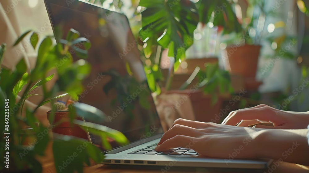 Hands typing on a laptop at a desk with a potted plant in the background, illustrating remote work and modern office environment, detailed and realistic scene Hands typing on a laptop at a desk with a potted plant in the background, illustrating remote work and modern office environment, detailed and realistic scene