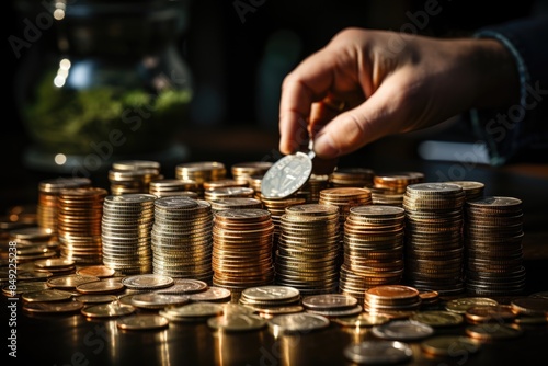 Hand placing stacking coins with virtual trend graph in the table. Profit and grow, generative IA