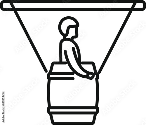 Stuntman standing on a barrel hanging on ropes performing a dangerous stunt