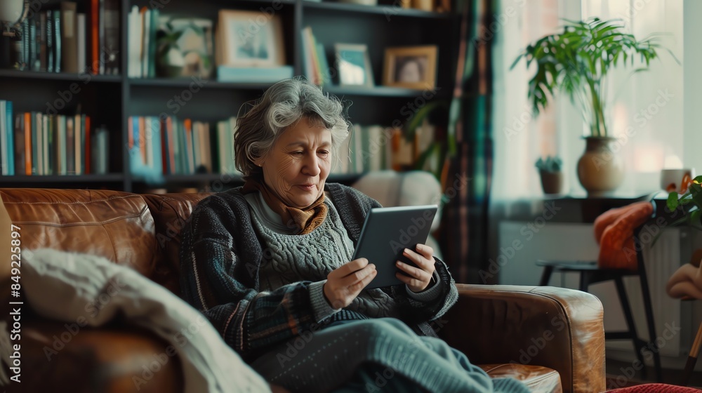 Elderly professional using tablet at home, modern lifestyle, technology, comfortable living room, remote work, happy and focused, detailed realism Elderly professional using tablet at home, modern lifestyle, technology, comfortable living room, remote work, happy and focused, detailed realism