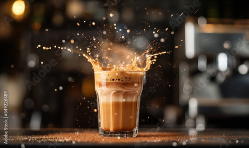 coffee in a glass, splash with drops against the background of a blurred cafe. photo
