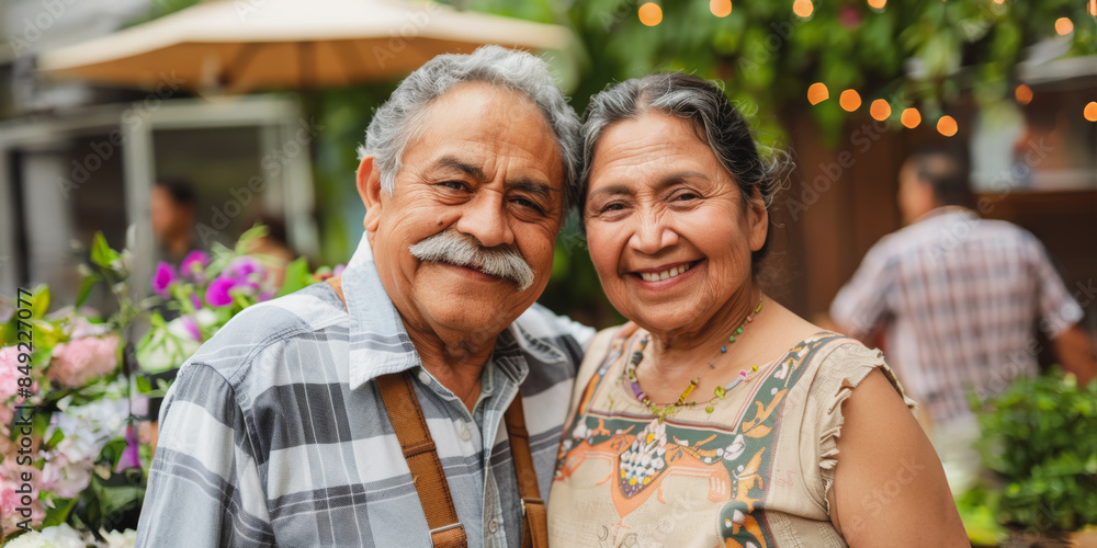 Naklejka premium Elderly couple smiling in garden