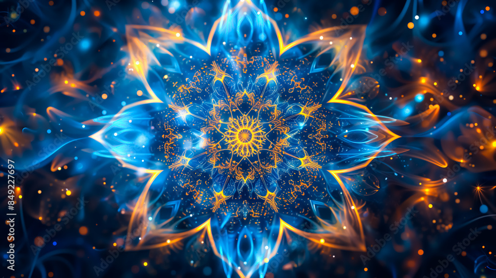 Mesmerizing neon blue and gold mandala radiating celestial energy, ethereal abstract background Mesmerizing neon blue and gold mandala radiating celestial energy, ethereal abstract background
