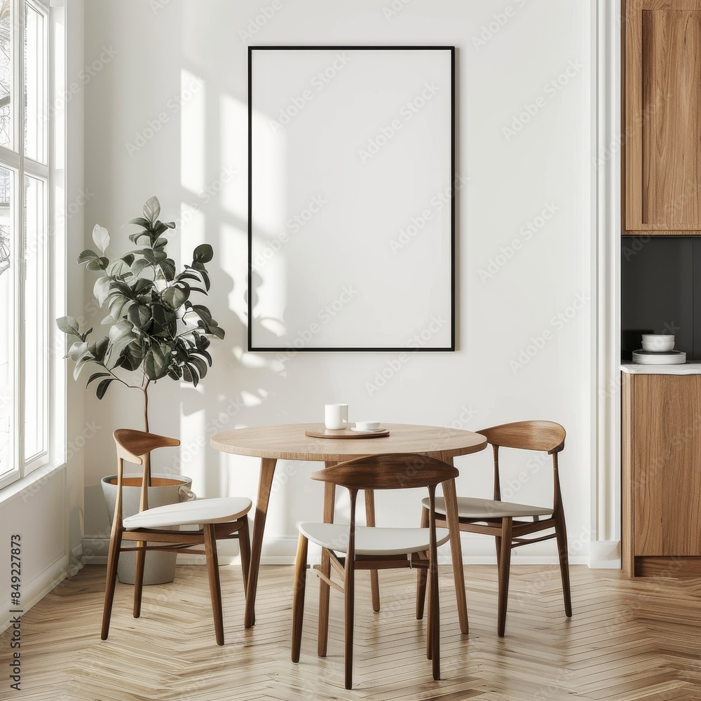 Featured is a mockup frame showing the interior of a living room in beige with seats, a round table, and a round rug Featured is a mockup frame showing the interior of a living room in beige with seats, a round table, and a round rug