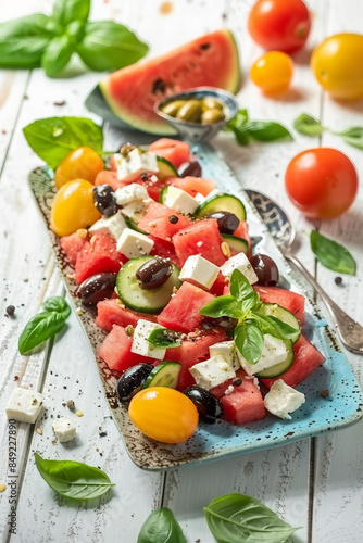 Fresh Watermelon Salad with Feta and Cucumbers Artfully Presented on a Rustic White Table photo