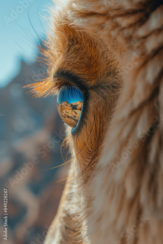 Close Up of an Animal's Eye Reflecting Mountain Landscape on a Clear Day Stunning Nature Photography Capturing Serene Wilderness and Wildlife in Detail
