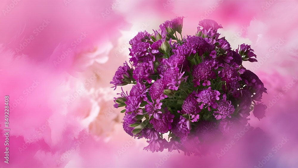 Obraz premium Selective focus on purple statice flower bouquet on pastel pink and white background