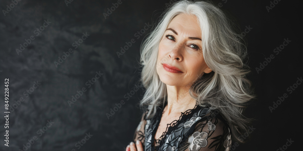 Fototapeta premium Mature woman with gray hair in casual outfit