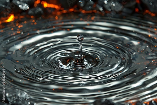 A high-speed photo of a water droplet causing ripples in a pool of molten silver
