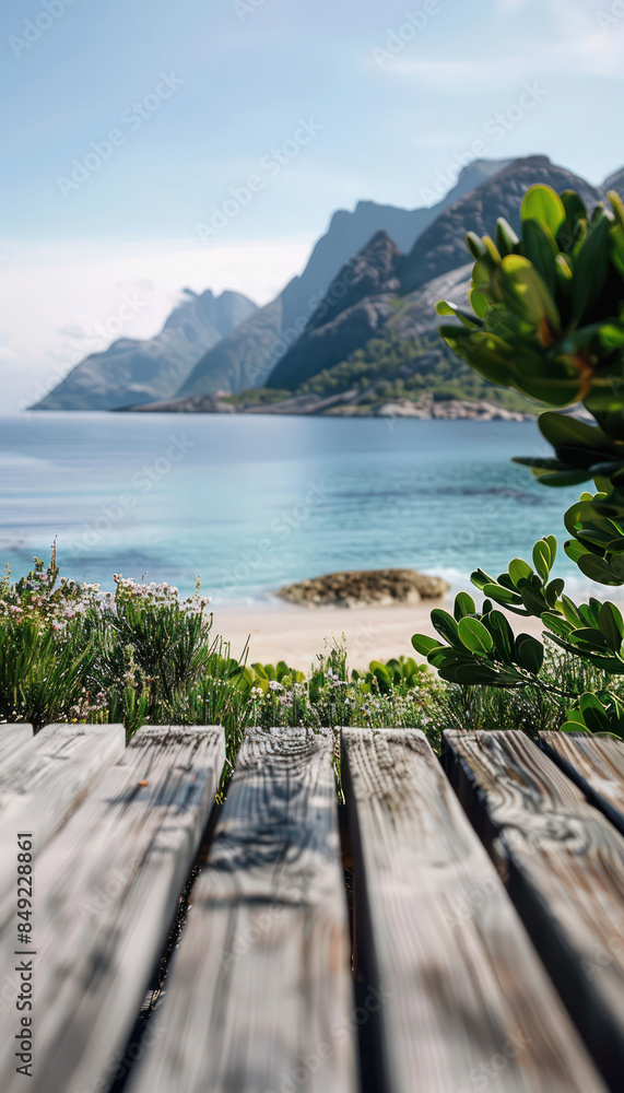 Serene Coastal View Tranquil Oceanfront Scene with Majestic Mountains, Wooden Deck, and Lush Greenery in a Picturesque Beach Landscape Serene Coastal View Tranquil Oceanfront Scene with Majestic Mountains, Wooden Deck, and Lush Greenery in a Picturesque Beach Landscape