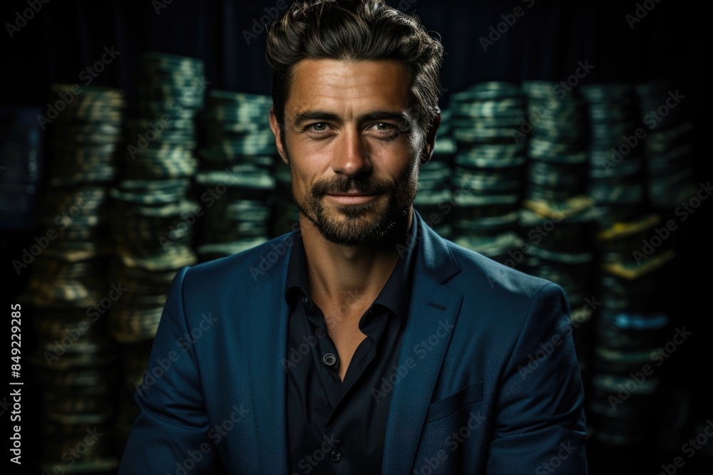 Happy and successful man smiling satisfied, holding money, standing on a blue back, generative IA Happy and successful man smiling satisfied, holding money, standing on a blue back, generative IA