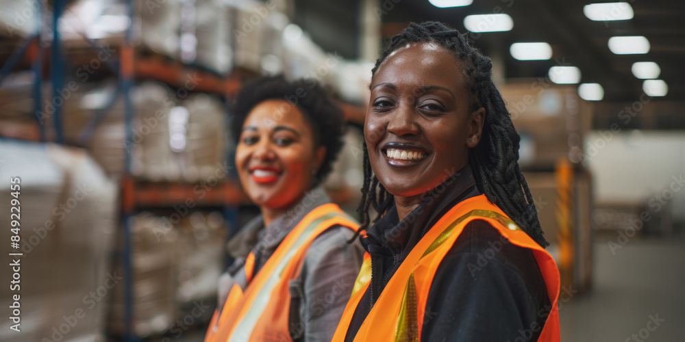 Naklejka premium Two women in warehouse work uniforms