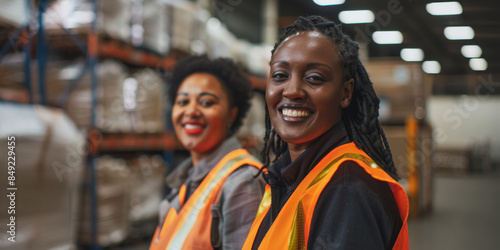 Two women in warehouse work uniforms