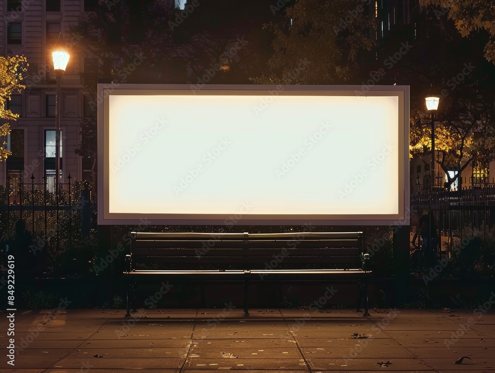 An empty billboard at a bus stop at night with overhead lighting. Urban advertising concept. Stock intelligence. An empty billboard at a bus stop at night with overhead lighting. Urban advertising concept. Stock intelligence.