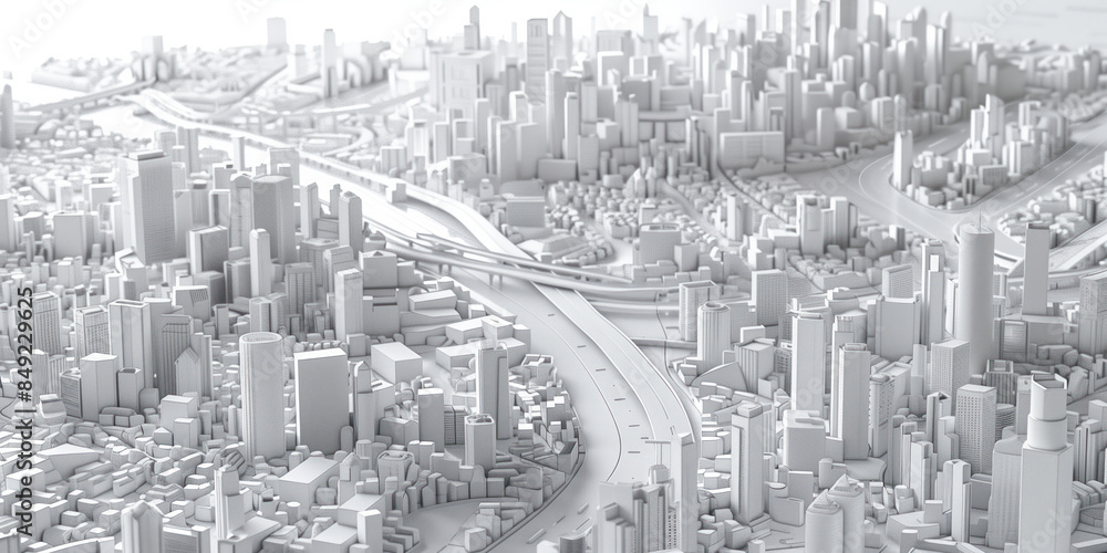 Birds Eye view of a modern city. Urban concept. White clay 3D rendering. Created with Generative AI technology. Birds Eye view of a modern city. Urban concept. White clay 3D rendering. Created with Generative AI technology.