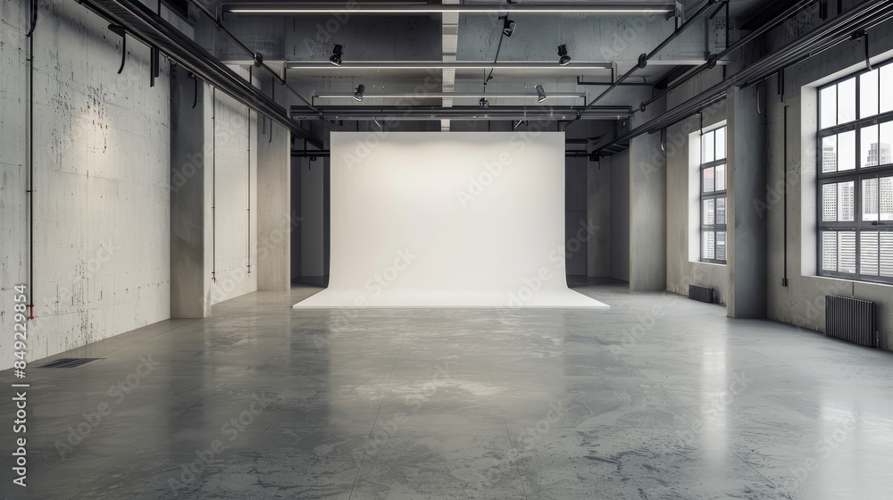 Stylish professional studio with large white backdrop and lights. AI-based stock design concept. Stylish professional studio with large white backdrop and lights. AI-based stock design concept.