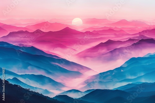 Boho minimalist watercolor mountains with sun or moon, aesthetic landscape wallpaper © Paulkot