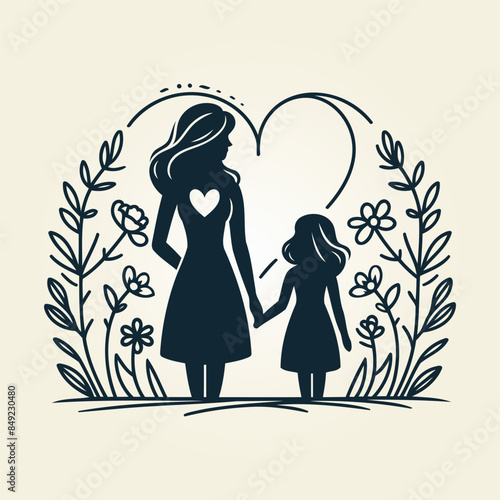Mother's Day line art silhouette with black figures on a white background, vector style, with a heart